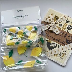 Reusable Lemon Print Bag Set and Swedish Napkin Dishcloth set